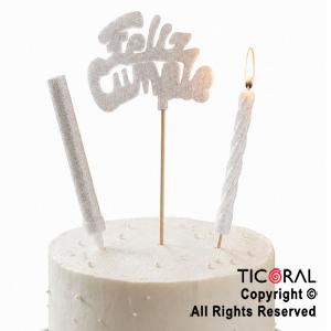 ADORNO DE TORTA SET FELIZ CUMPLE CON BENGALA Y VELA 9 CM GIBRE BLANCO x 1